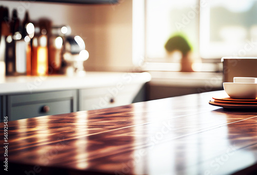 Empty top of wooden table. Kitchen room with white furniture as blurred background. Generative Ai Art. Kitchen utensils.