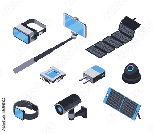 3d virtual reality helmet, selfie stick monopod, charger with solar panel, battery, video surveillance camera, chip, smart watch, plug. Vector set of isometric icons computer devices, digital gadgets