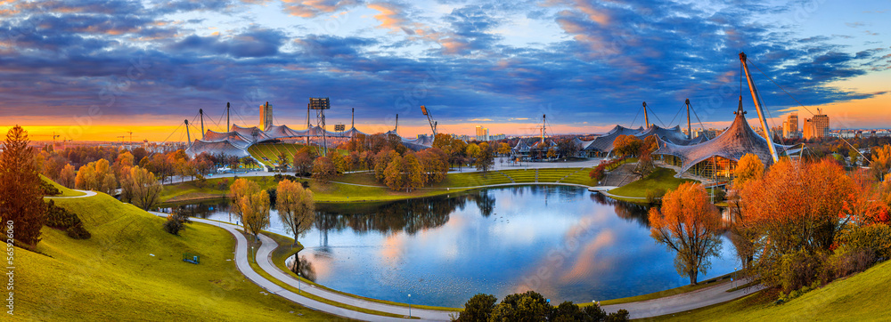 Fototapeta premium Autumn cityscape, panorama, banner - view of the Olympiapark or Olympic Park located in the Oberwiesenfeld neighborhood of Munich, Bavaria, Germany