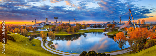 Autumn cityscape, panorama, banner - view of the Olympiapark or Olympic Park located in the Oberwiesenfeld neighborhood of Munich, Bavaria, Germany