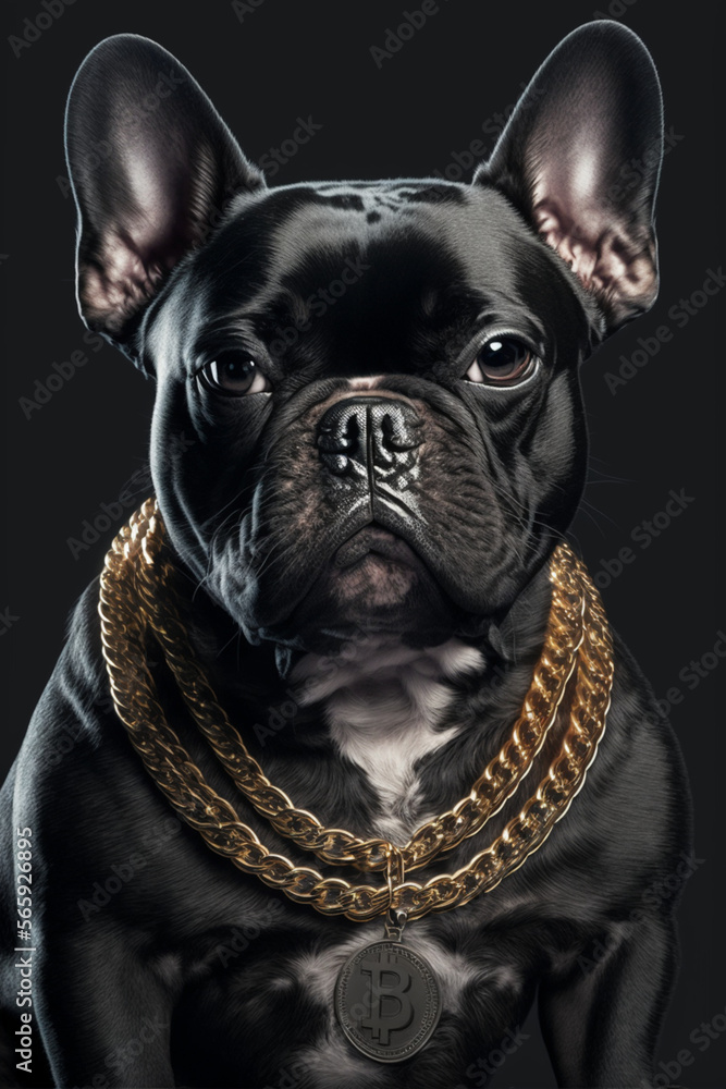 a millionaire black french bulldog with gold necklace and bitcoin symbol