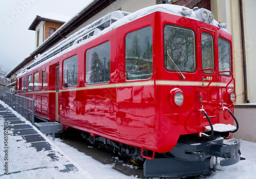 Locomotive of a historic red swiss train of the albula express railway
