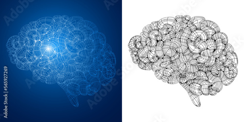 Set of Brain drawings with linear texture. Digital brain, brainstorm logo. Science,  neural network, artificial intelligence or modern technology concept. Vector 3d illustration.