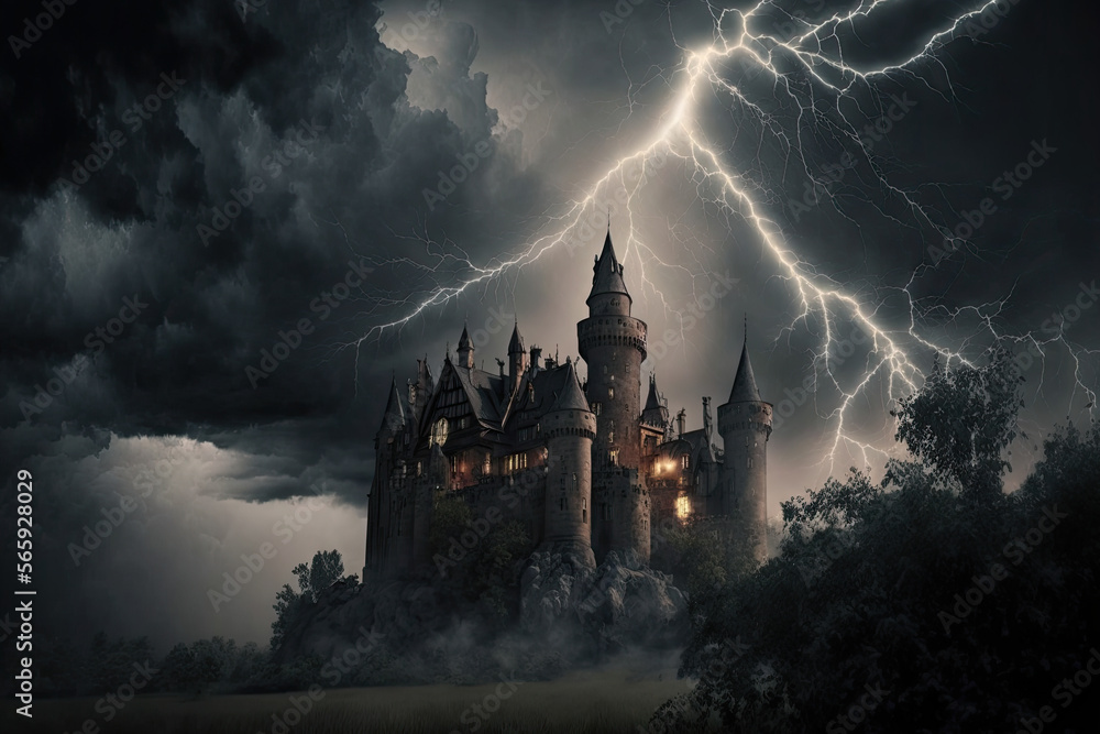 Gothic castle surrounded by dark storm clouds, lightning strikes, and eerie mist, generative ai