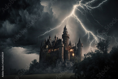 Gothic castle surrounded by dark storm clouds  lightning strikes  and eerie mist  generative ai