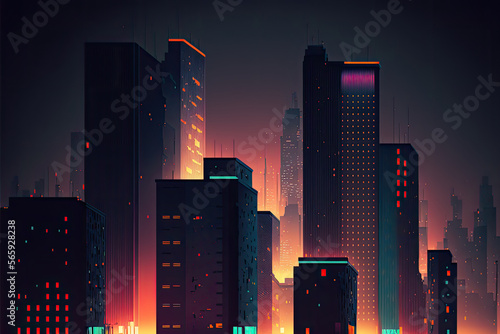 Minimalistic, modern cityscape with sleek buildings and bright lights, generative ai