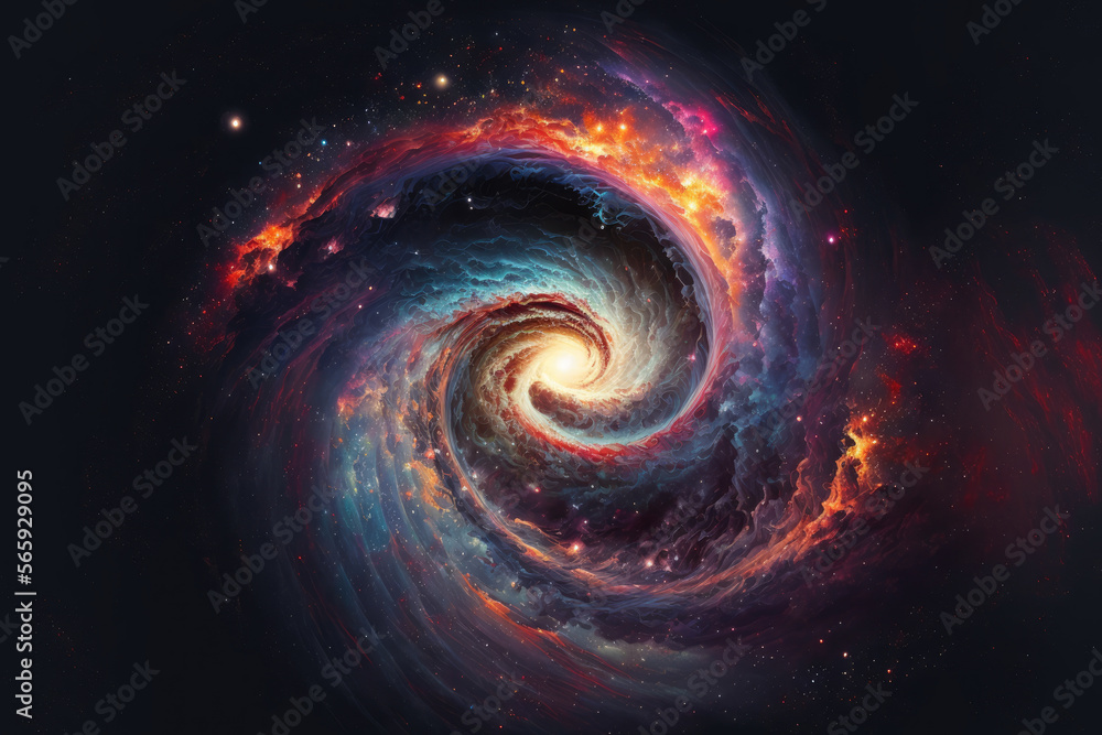 Vibrant, swirling galaxy with colorful stars and planets, in an endless space, generative ai