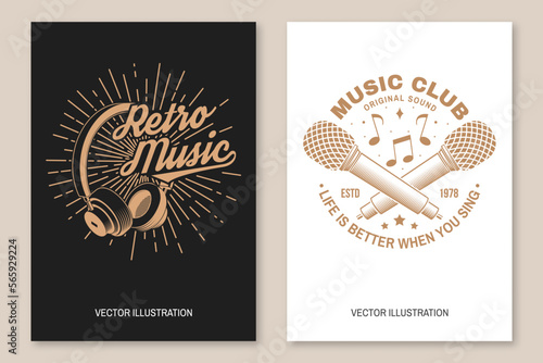 Music club logo, badge, label. Retro poster, banner with headphones, microphone, vintage typography design for t shirt, emblem, logo, badge design. Vector illustration. Equipment for listening and