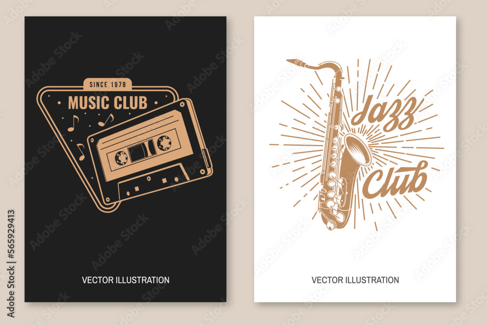 Music club logo, badge, label. Retro poster, banner with saxophone, audio cassette tape, vintage typography design for t shirt, emblem, logo, badge design. Vector illustration. Equipment for listening