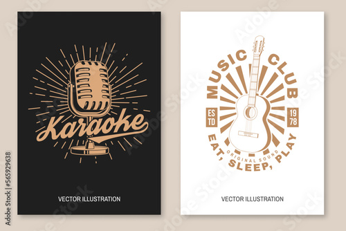Karaoke party poster, banner. Retro microphone with sunburst and classical acoustic guitar vintage typography design for t shirt, emblem, logo, badge design. Vector illustration.