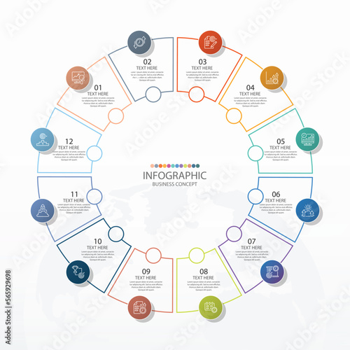 Basic circle infographic with 12 steps, process or options.