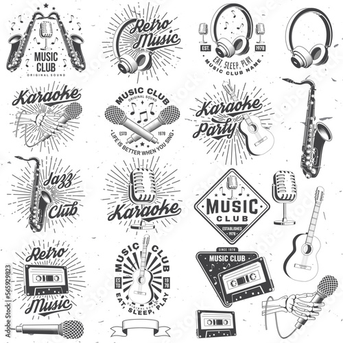 Retro music poster, banner. Retro microphone, saxophone , audio cassette, classical acoustic guitar with sunburst vintage typography design for t shirt, emblem, logo, badge design. Vector illustration