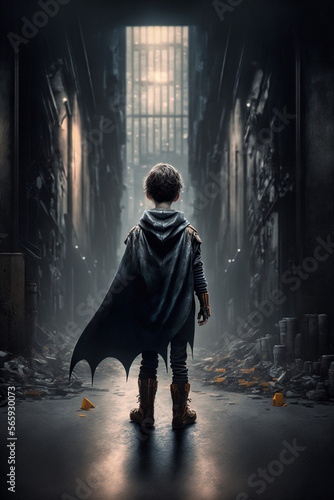 Child with a superhero cape looking from behind into a dystopian city - - generated with AI