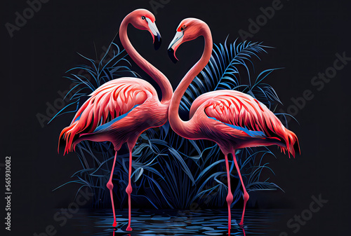Two flamingos standing in the water, blue background created with AI