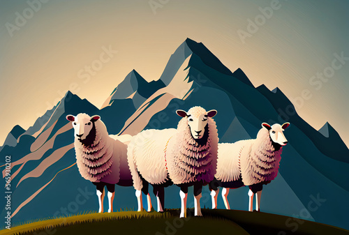 Sheeps standing on the hill with moutnains in background created with AI photo