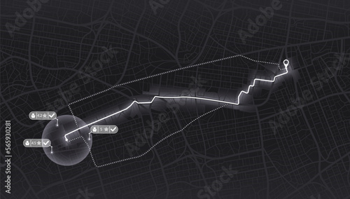 Pick up taxi. Gps map navigation to own house. Detailed view of city. Passenger location sharing for driver. City top view. Online navigation. Flat style, Vector, illustration isolated.