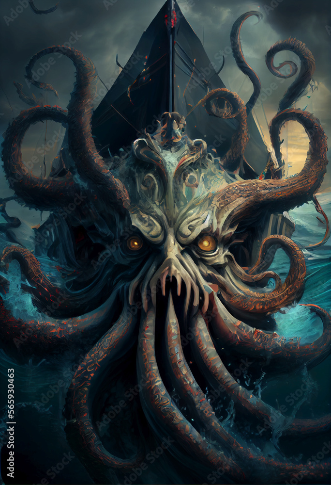 AI generated giant octopus kraken monster attacking a pirate ship in ...