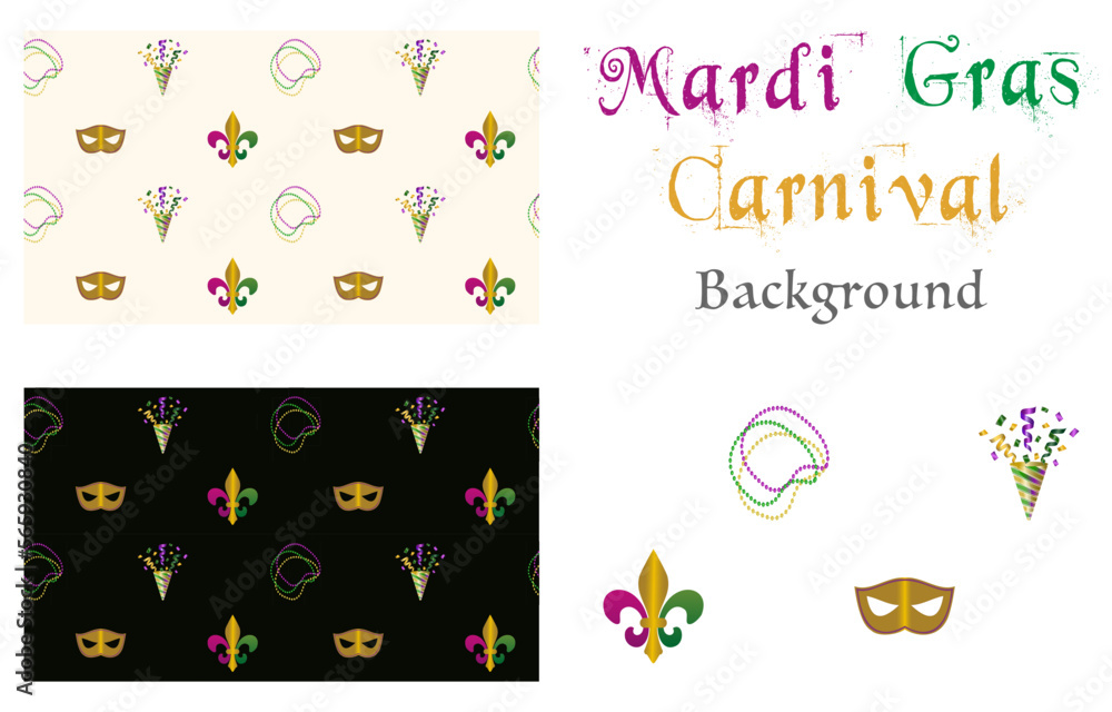 Mardi Gras Carnival Seamless pattern collection  Fleur de lis, masquerade mask, beads and fireworks Wallpaper decor Isolated vector pattern on light beige background and black background 