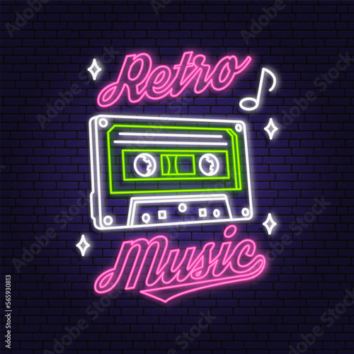 Retro music neon poster  banner. Neon sign  emblem  bright signboard  light banner with retro Audio cassette tape. Vector illustration. Advertising bright neon for night club. Design template