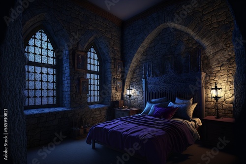 castle evil queen, intirior, stone walls, bedroom, nighttime, maximilism, gothic. generative AI photo