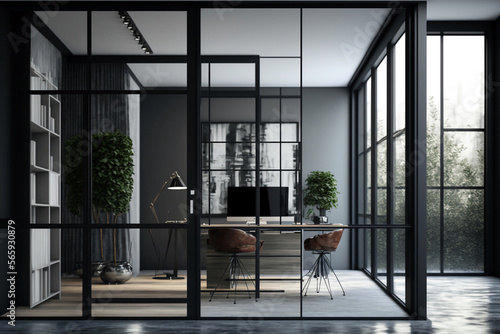 Modern elegant Office with plants vegetation and big glas window front - generated with AI