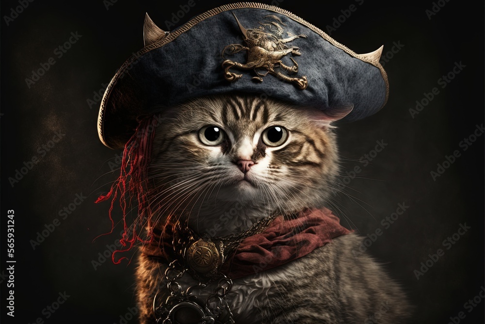 Naklejka premium cat pirate captain wearing a tricorn hat illustration generative ai