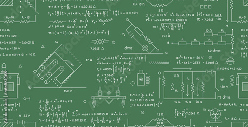 Scientific formulas for electrical calculations and circuits written on chalkboard seamless pattern.