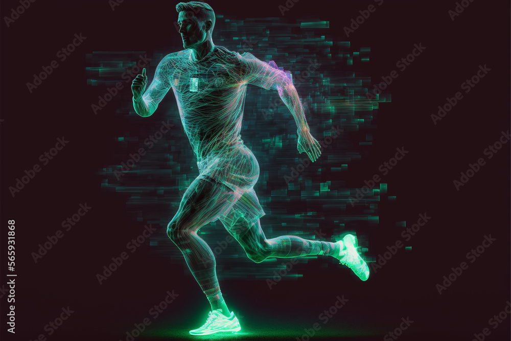 A futuristic young male soccer player hologram playing with a soccer ball. Generative ai