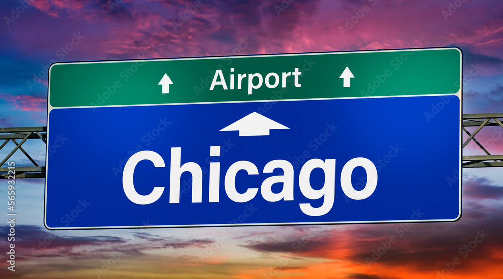 Road sign indicating direction to the city of Chicago