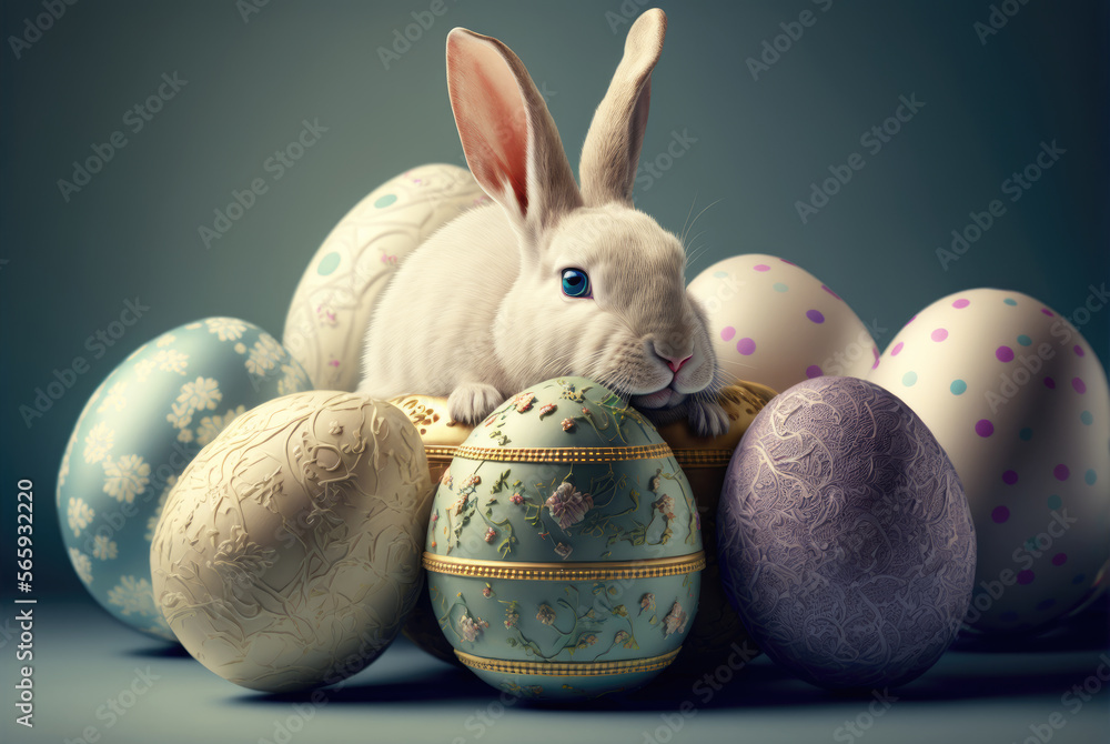 A cute white bunny rabbit surrounded by Easter eggs on a gray blue background. Created with Generative AI. A cute white bunny rabbit surrounded by Easter eggs on a gray blue background. Created with Generative AI.