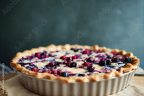 Pie stuffed with wild raspberries and blueberries with a crispy golden crust on a plate, created with Generative AI