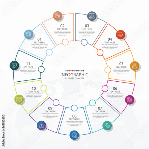 Basic circle infographic with 11 steps, process or options.