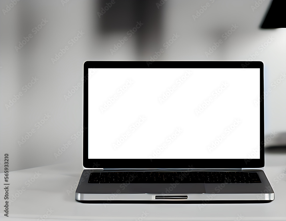 Laptop with Blank White Screen on Office Table, Realistic Laptop Mockup, Generative AI Laptop with Blank White Screen on Office Table, Realistic Laptop Mockup, Generative AI
