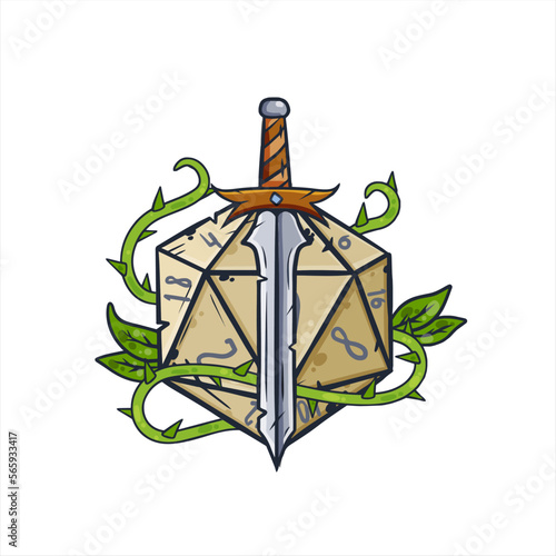 Dice d20 for playing Dnd. Dungeon and dragons board game. Sword of medieval paladin. Adventure cartoon Icon