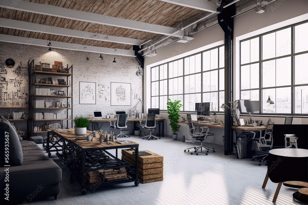 View of Luxury workspace office decorated with industrial loft modern interior ...