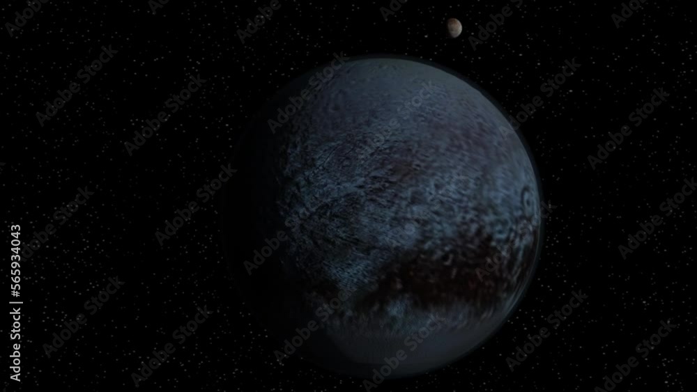 3d rendering animation of Pluto with its moon Charon rotating on it orbits. 3d rendering animation of Pluto with its moon Charon rotating on it orbits.