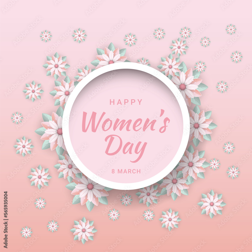 March 8 happy women's day floral greeting card on pink background vector illustration