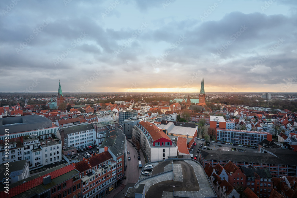 Aerial view of Lubeck with Lubeck Cathedral and St Giles Church - Lubeck, Germany