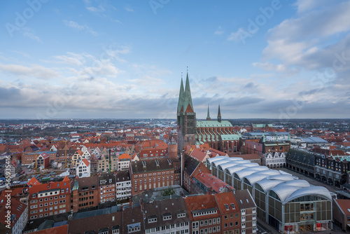 Aerial view of Lubeck with St. Mary Church (Marienkirche) - Lubeck, Germany
