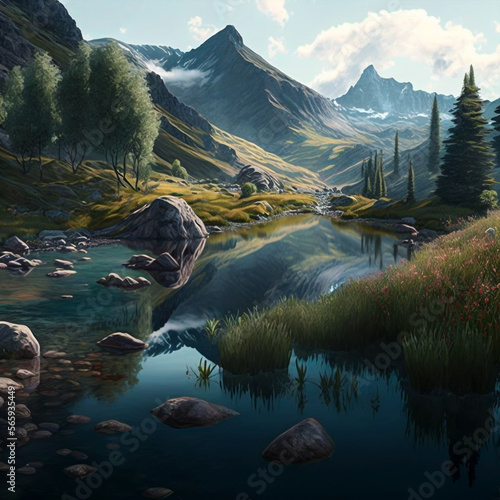 lake in mountains created by generative AI technology