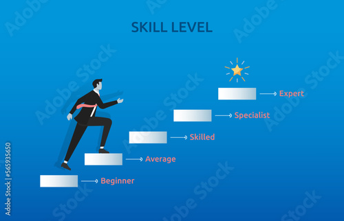 Businessman climbing skill level stairs to the top, skill level growth, ability and knowledge improvements photo