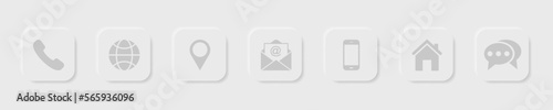 Set of contact us buttons on neumorphism style. Web communication icons : phone, site, location, email, mobile, home, chat. Neumorphic concept.