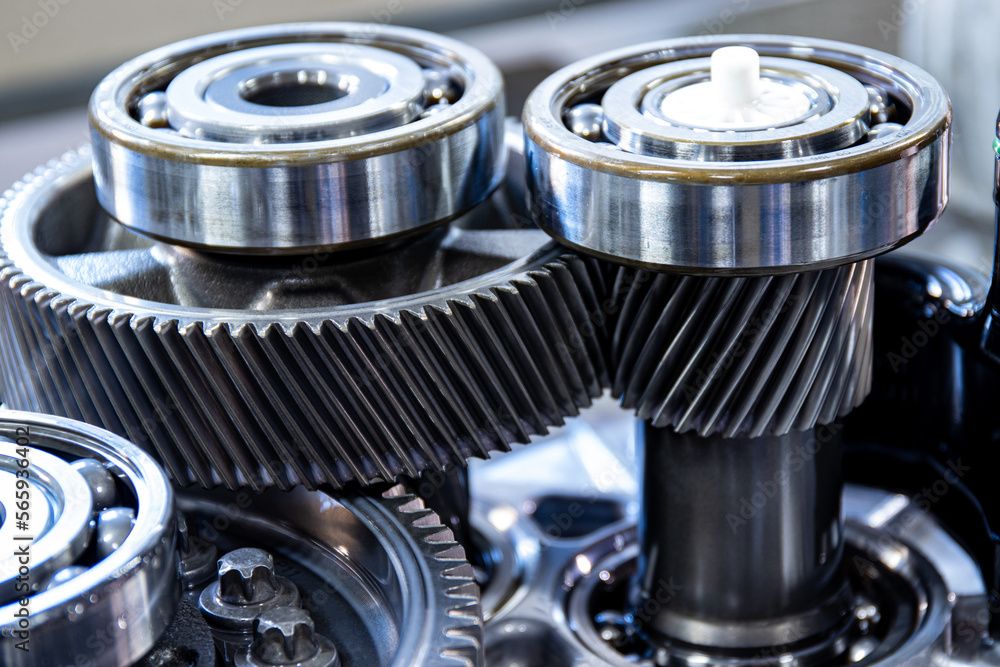 Gears of the main gear of the transmission of an electric vehicle. Transmission disassembled for repair. Gears of the main gear of the transmission of an electric vehicle. Transmission disassembled for repair.