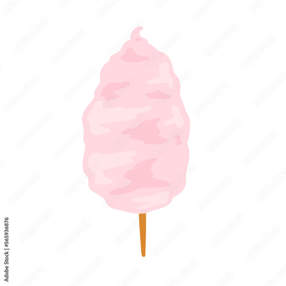 Cotton candy on stick. Sweet dessert from the fair and children party. Pink  candyfloss. Flat cartoon Stock Vector