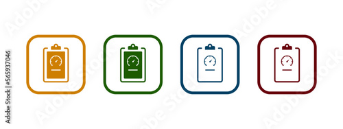 Speedometer or gauge on clipboard icon. Symbol of performance, report, optimization or productivity icon in different color design.	