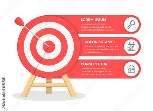 Red target with 3 elements for text and icons, infographic template, 3 steps to success