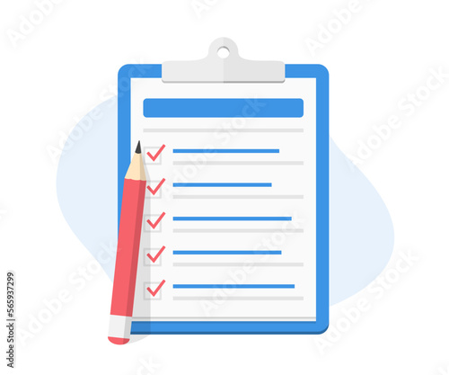 Check list on clipboard with five check boxes and red pencil