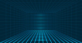 Wireframe room on blue background. Perspective grid