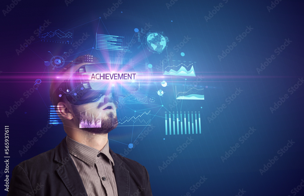 Businessman looking through Virtual Reality glasses Businessman looking through Virtual Reality glasses