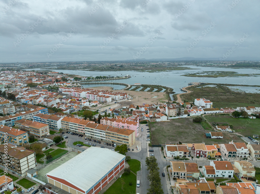 Montijo Cityscape in Portugal. Drone Point of View. River Tagus in Background